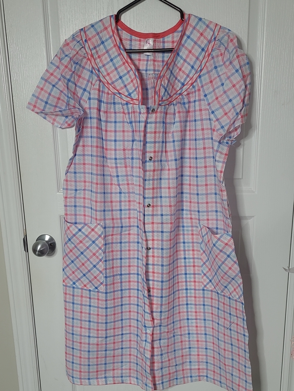 Vintage Womans House Coat Pink & Blue Plaid Button-Front W/ Pockets Size XL